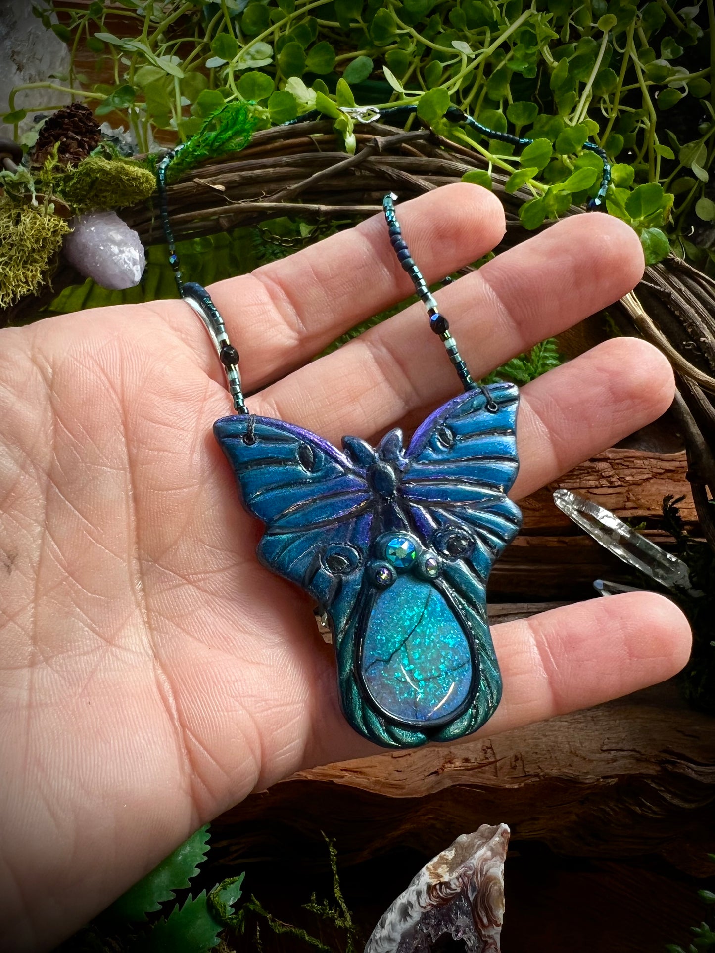 Moonlit Dreams Luna Moth Opal Statement Necklace - Whimsy Forest Fairycore Beaded Crystal Necklace SE65