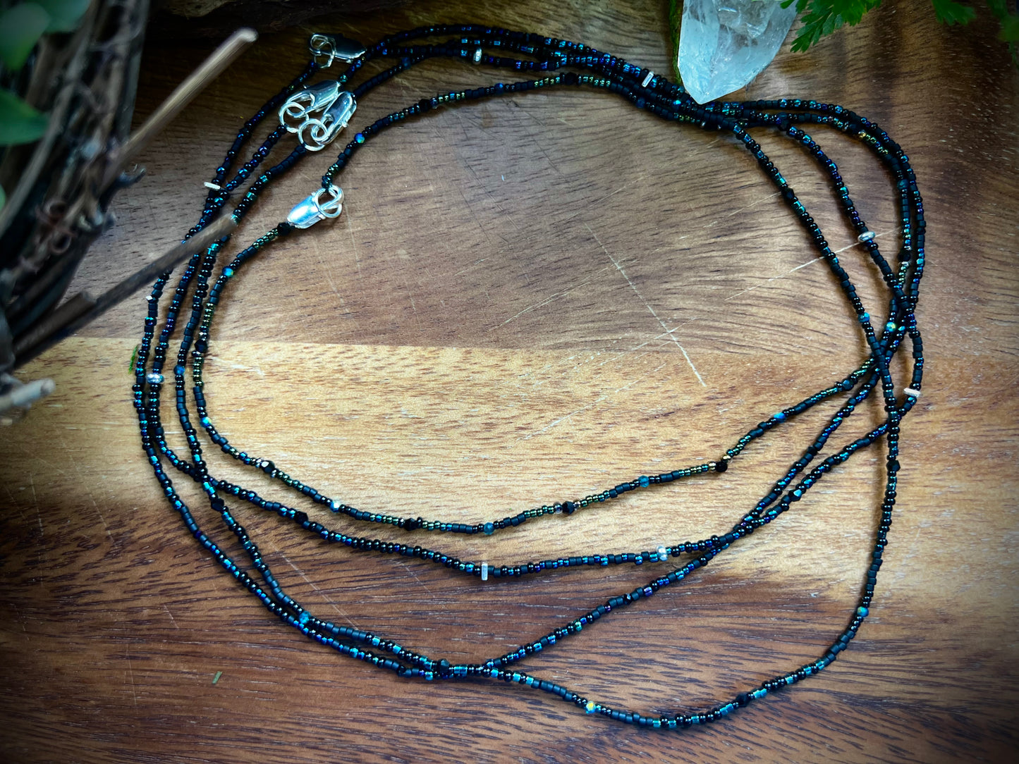 Group shot of 4 Moonlit Dreams Seed Bead Necklaces – dainty layering strands with aurora crystals