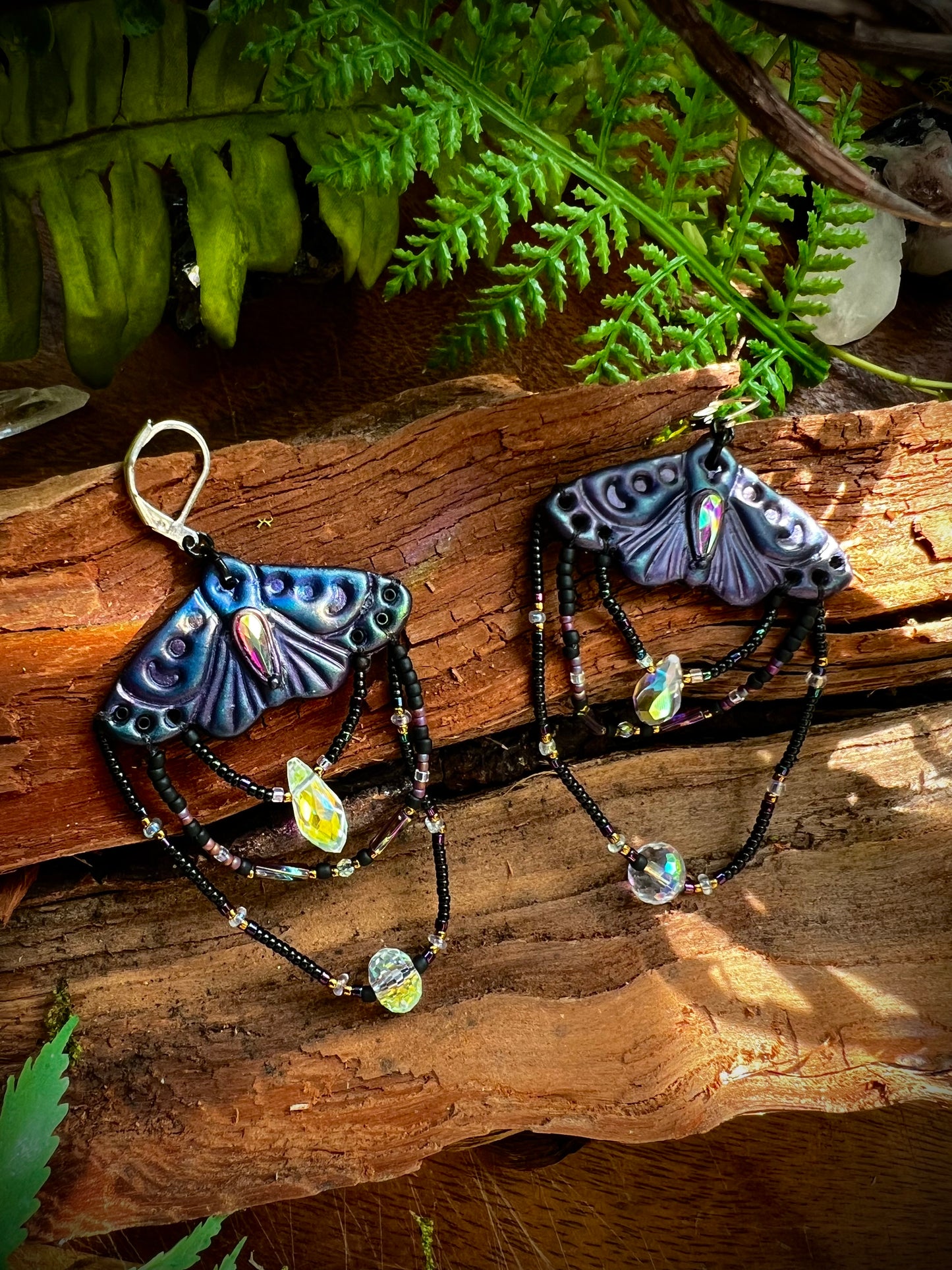Moonlit Dreams Mythical Moth Iridescent Statement Earrings - Whimsy Goddess Forest Fairycore Iridescence Crystal Dangles SE78