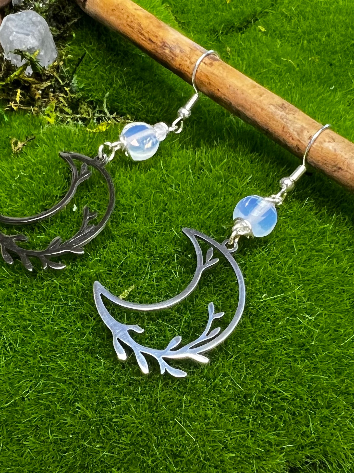 “Witchy dangle earrings with opalite and crescent moon charms for intuition and clarity”