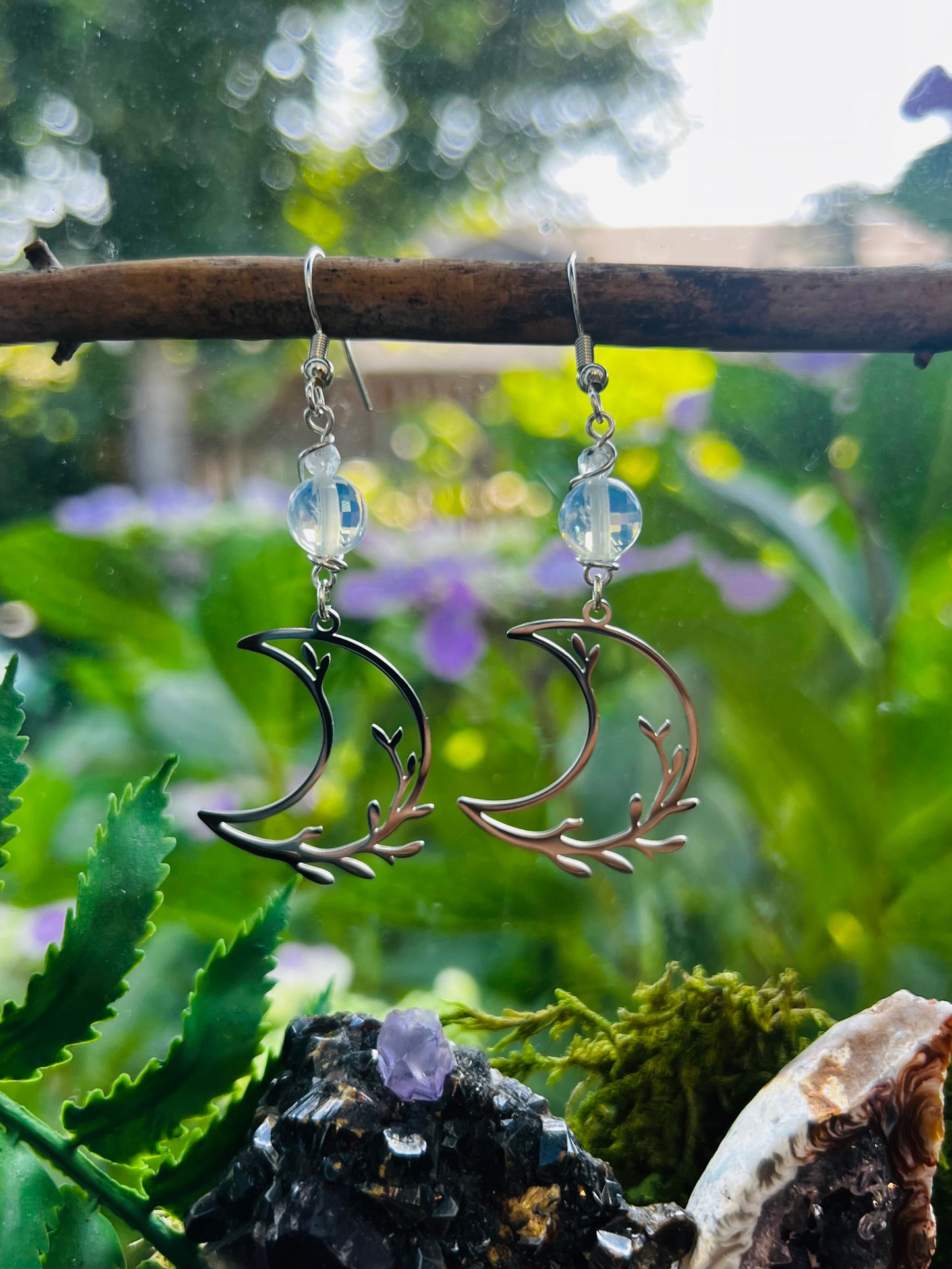 Spiritual earrings with branch moon motif and opalite stone for feminine energy