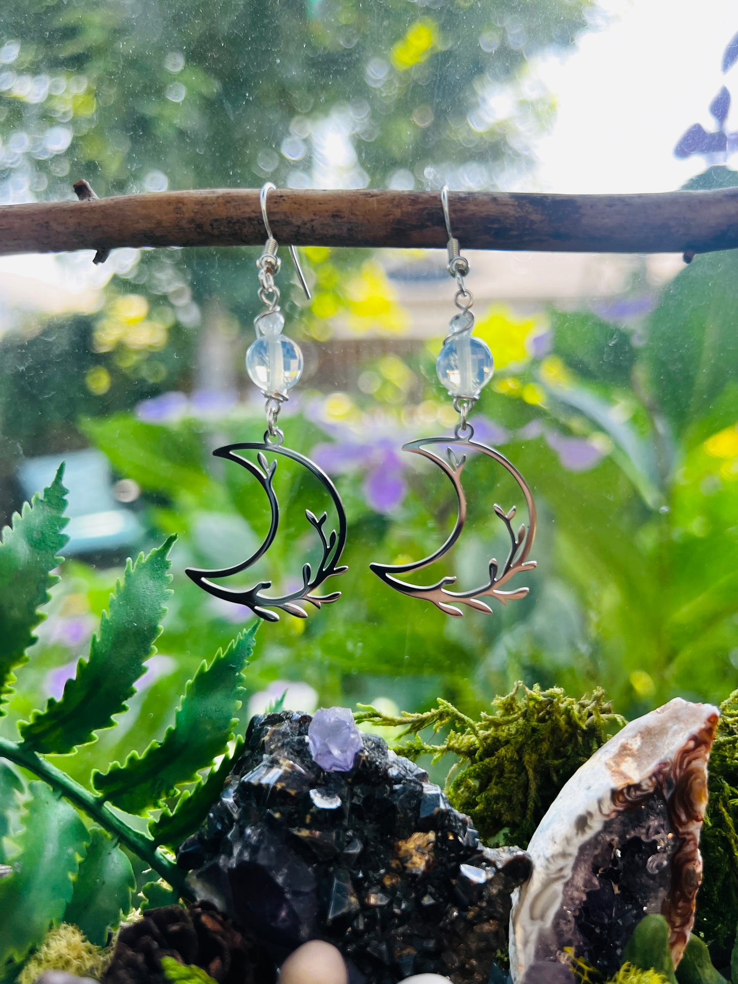 Magickal moon phase earrings with opalite and branch detail for feminine energy