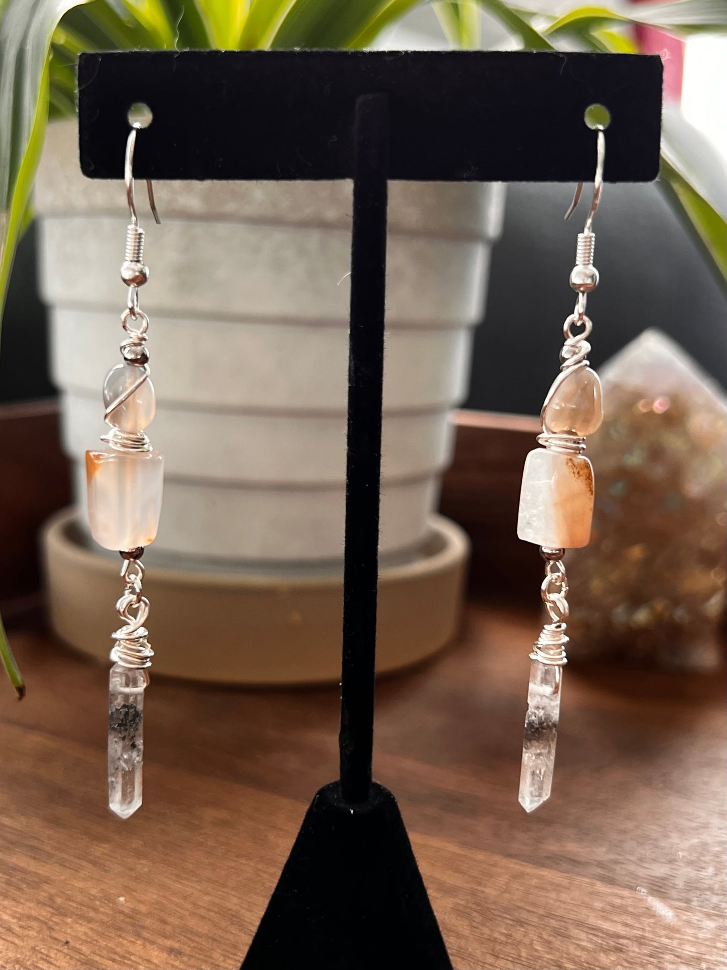 Botswana Agate and Tibetan Quartz Dangle Earrings