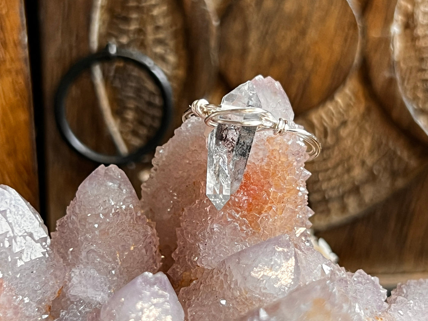 Black Tibetan Quartz Wire Wrapped Ring