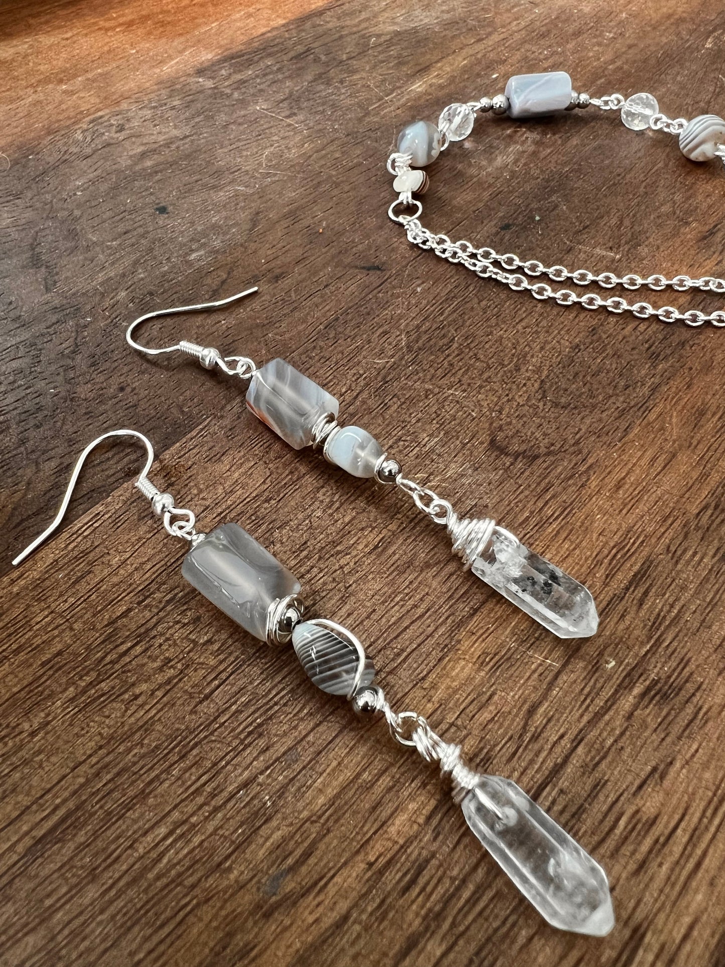 Botswana Agate and Tibetan Quartz Dangle Earrings