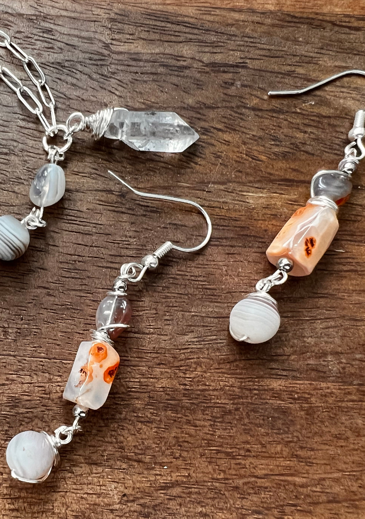Botswana Agate and Tibetan Quartz Dangle Earrings