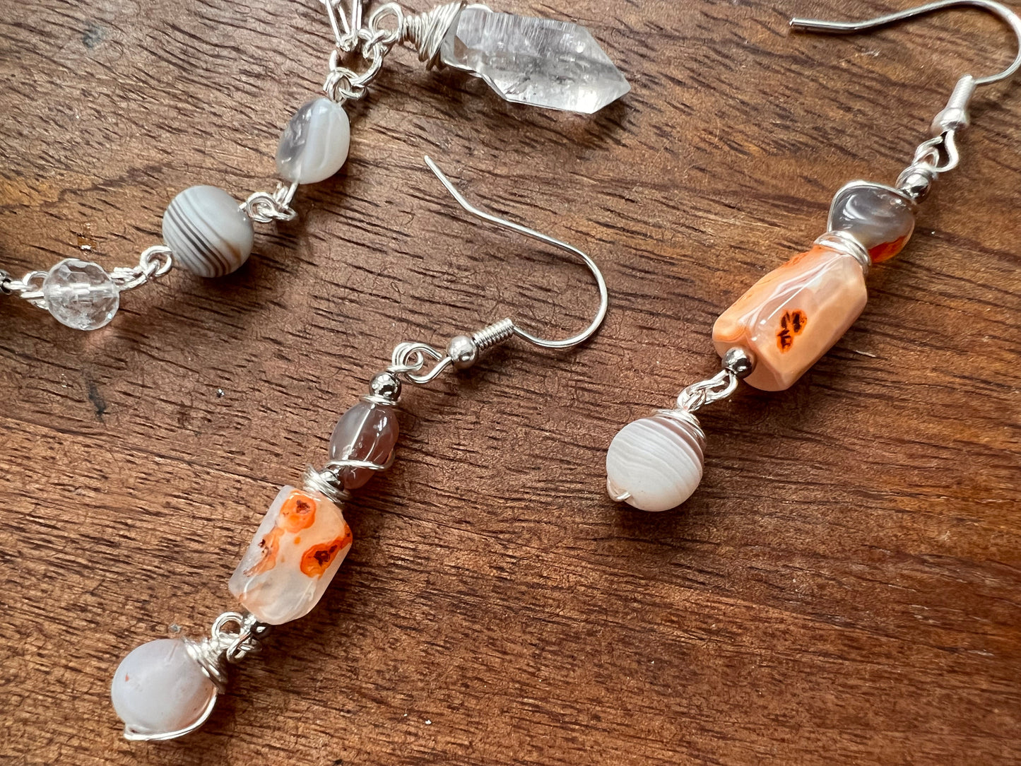 Botswana Agate and Tibetan Quartz Dangle Earrings