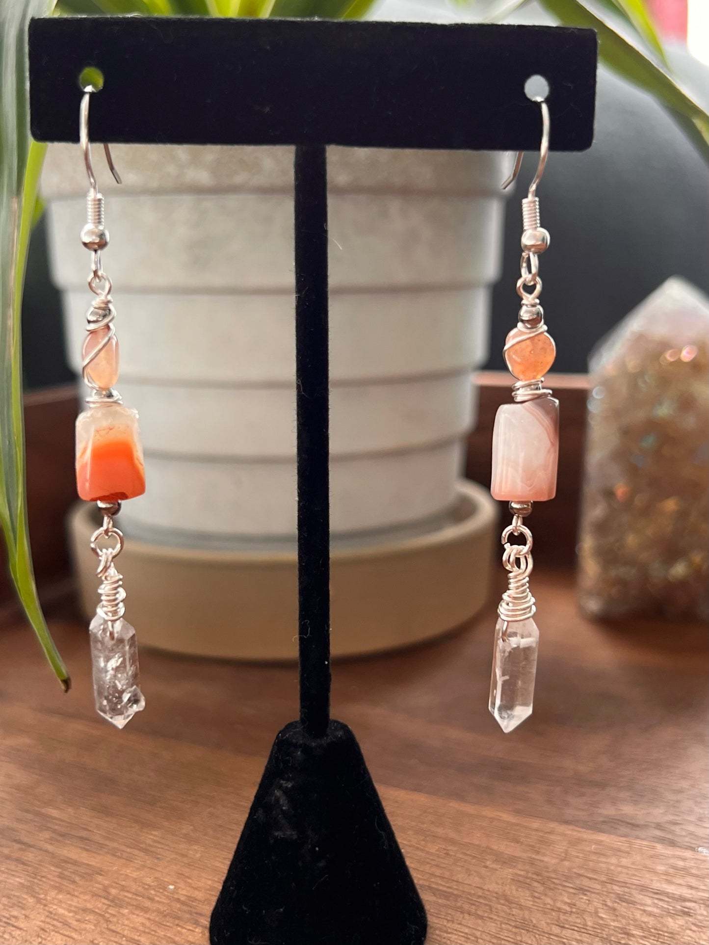 Sunset Botswana Agate and Tibetan Quartz Dangle Earrings