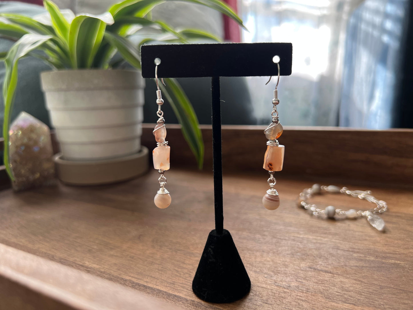 Botswana Agate and Tibetan Quartz Dangle Earrings