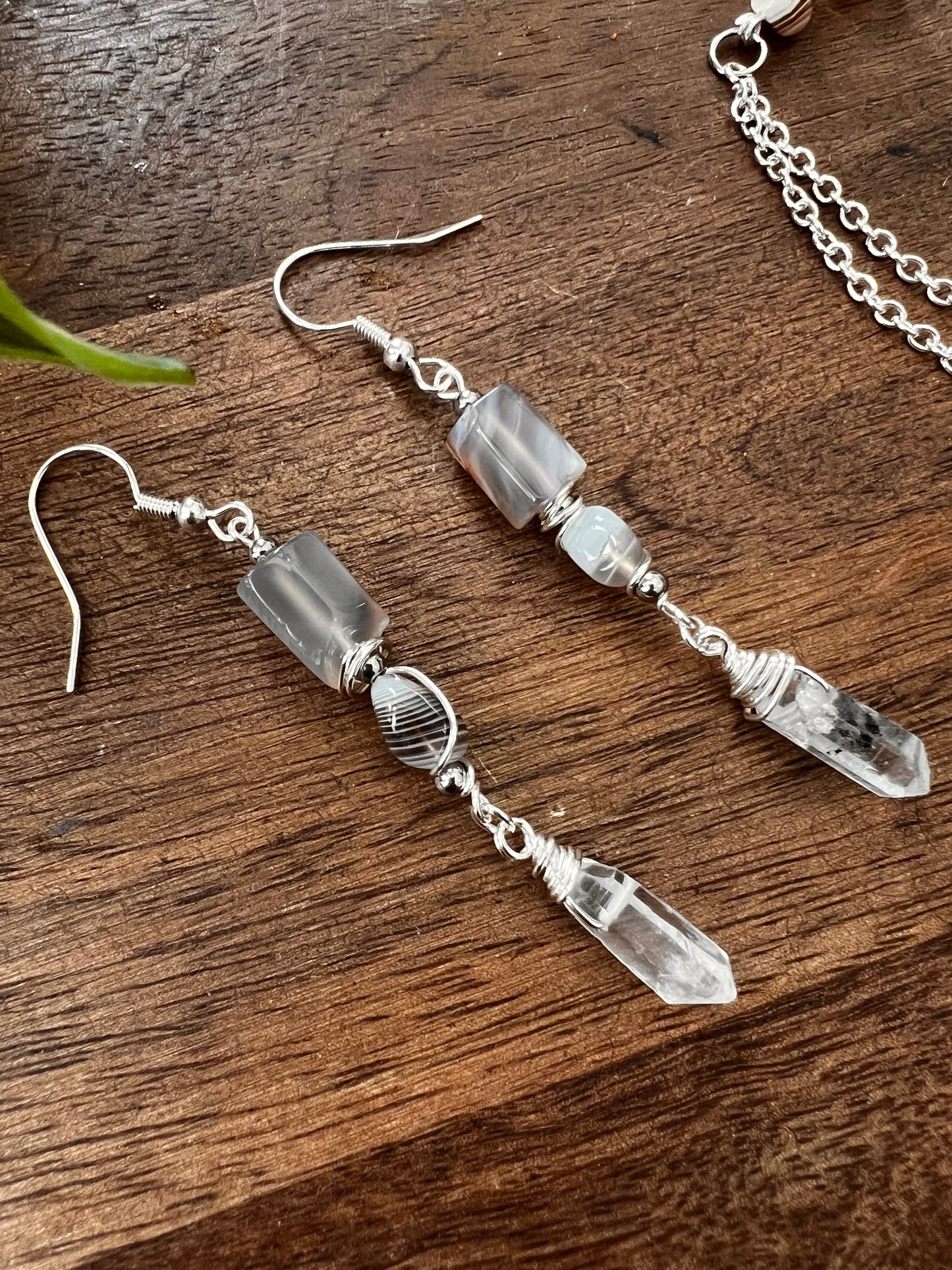 Botswana Agate and Tibetan Quartz Dangle Earrings