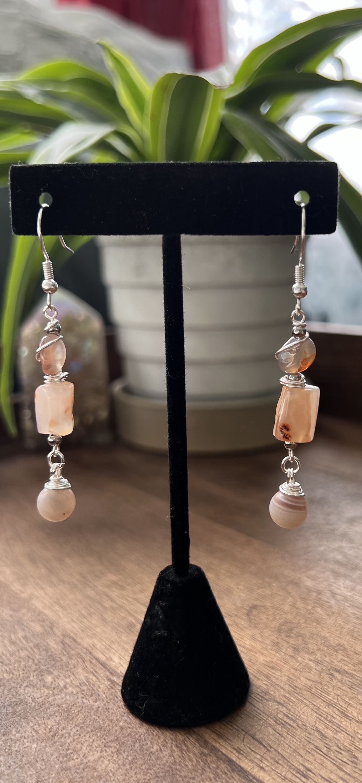 Botswana Agate and Tibetan Quartz Dangle Earrings