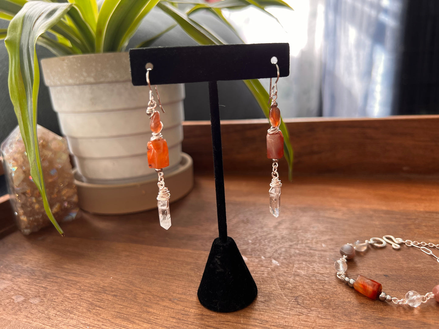 Botswana Agate and Tibetan Quartz Dangle Earrings