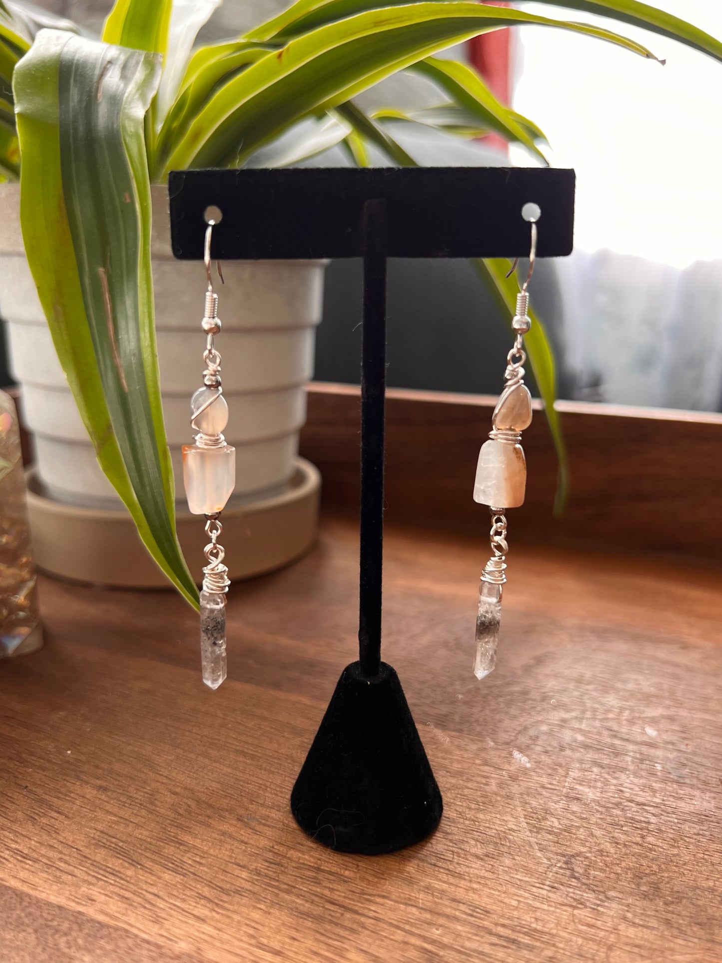 Botswana Agate and Tibetan Quartz Dangle Earrings