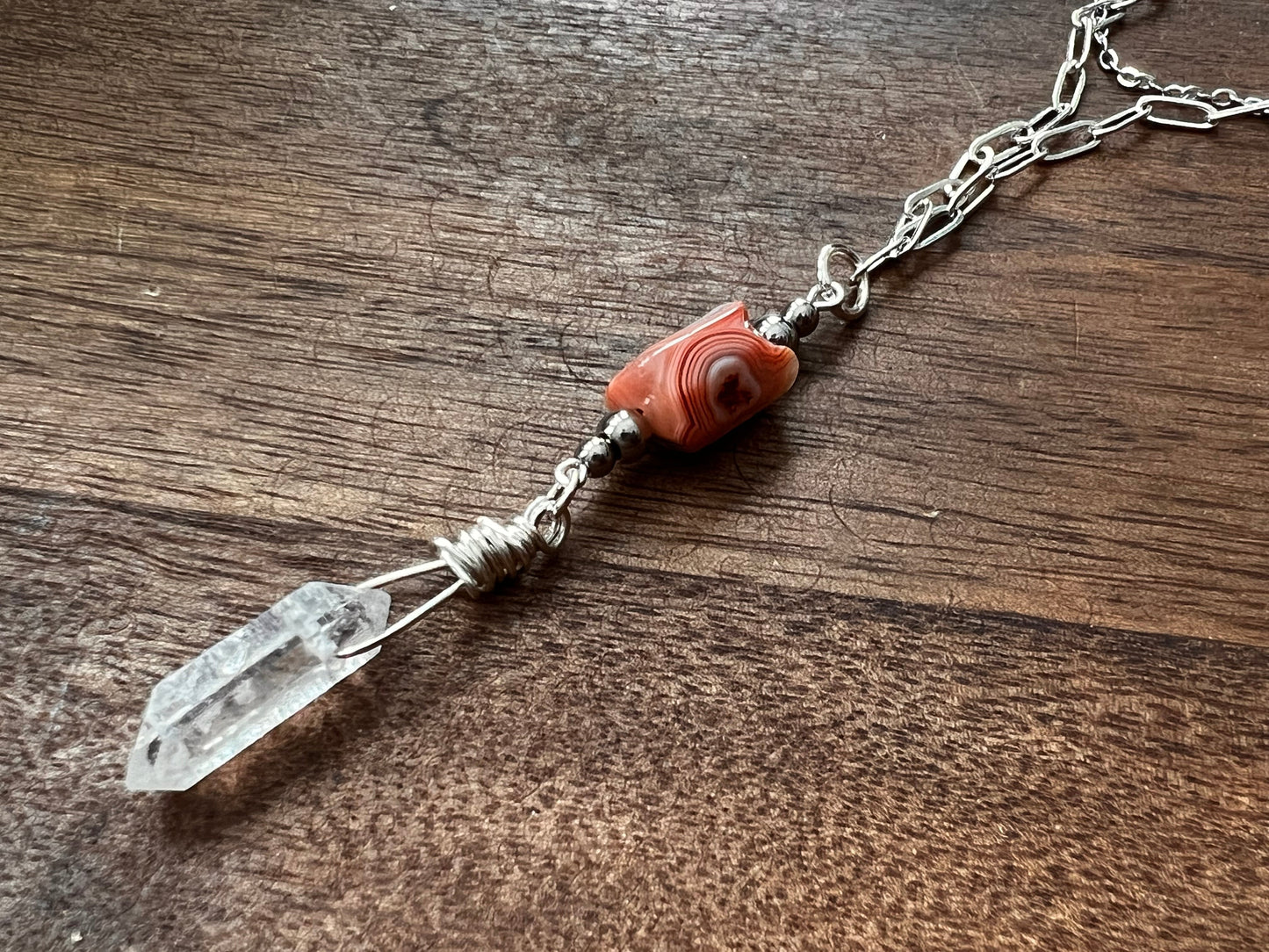 Sunset Botswana Agate and Tibetan Quartz Layered Necklace Artisan Crafted Handmade