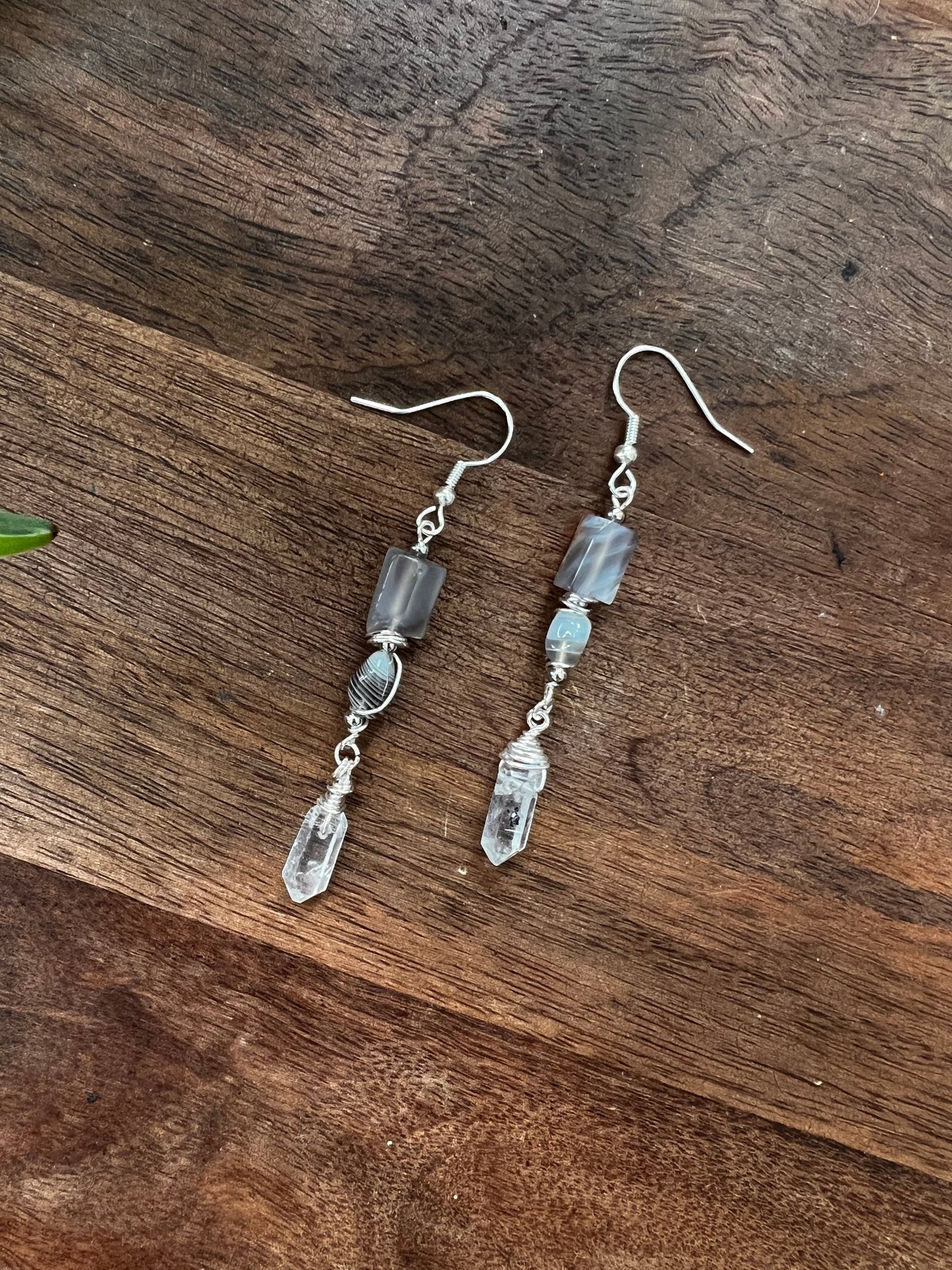 Botswana Agate and Tibetan Quartz Dangle Earrings