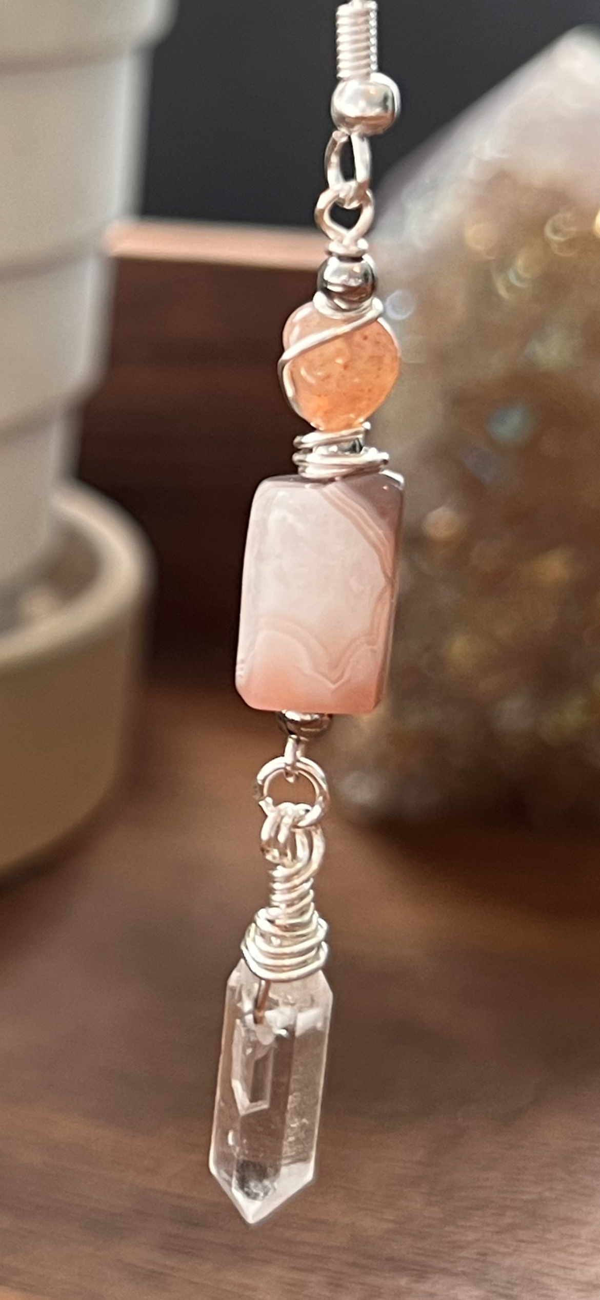 Sunset Botswana Agate and Tibetan Quartz Dangle Earrings