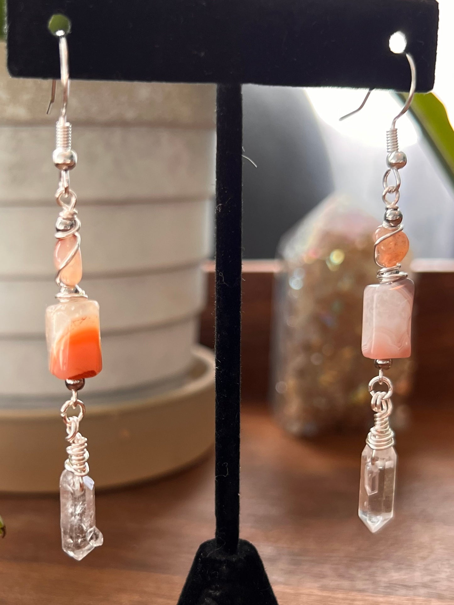 Sunset Botswana Agate and Tibetan Quartz Dangle Earrings