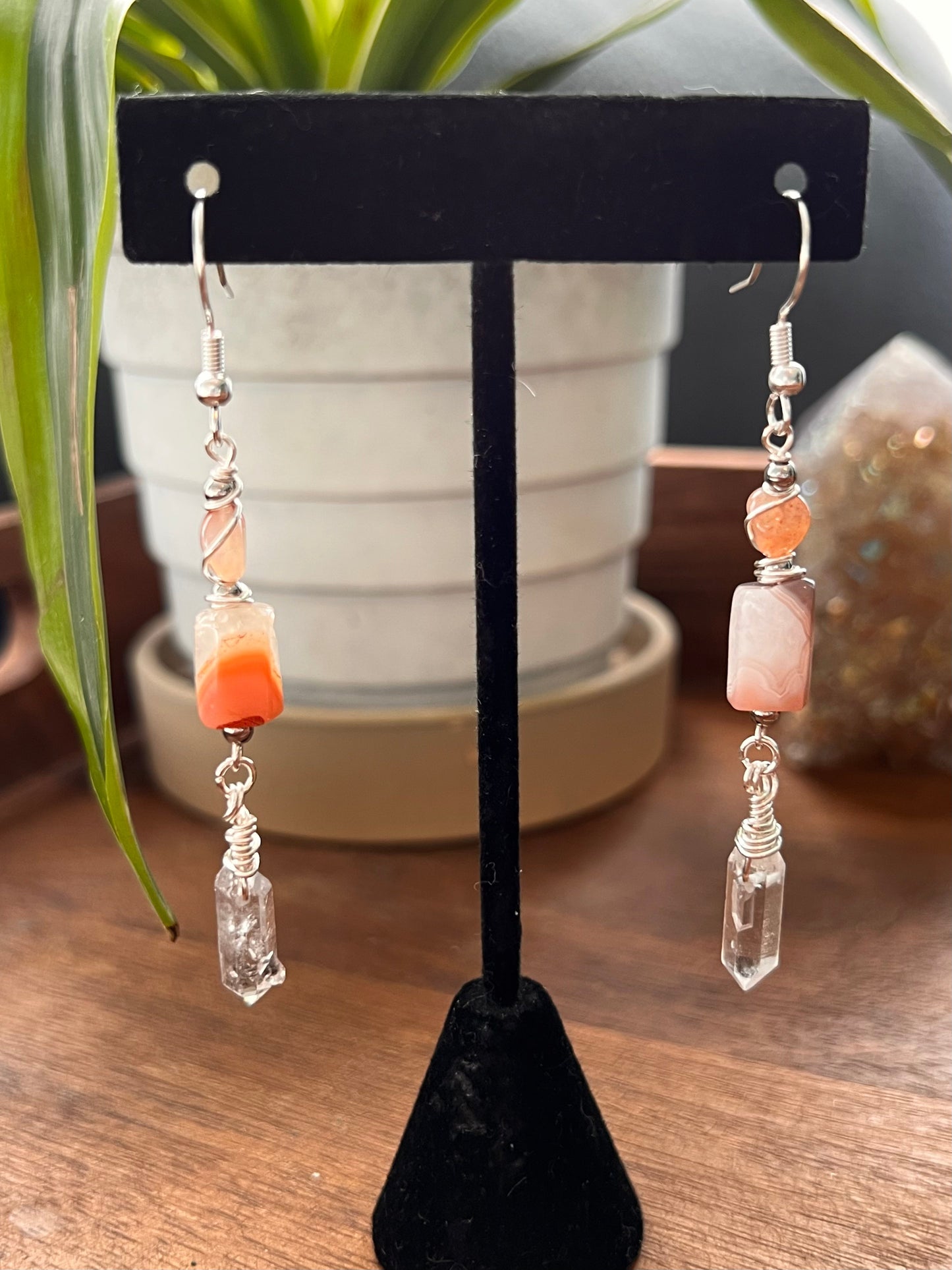 Sunset Botswana Agate and Tibetan Quartz Dangle Earrings
