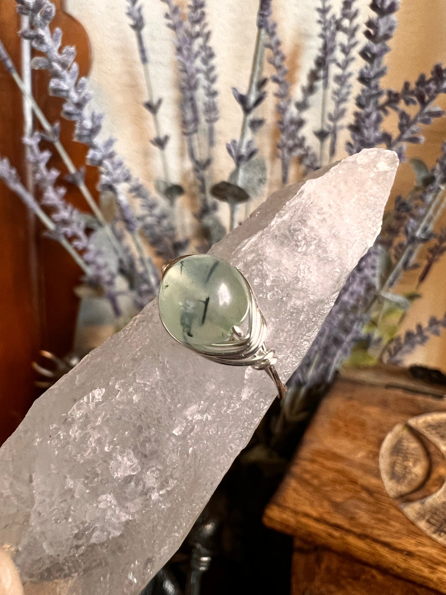 Rutilated Prehnite Wire Wrapped Ring