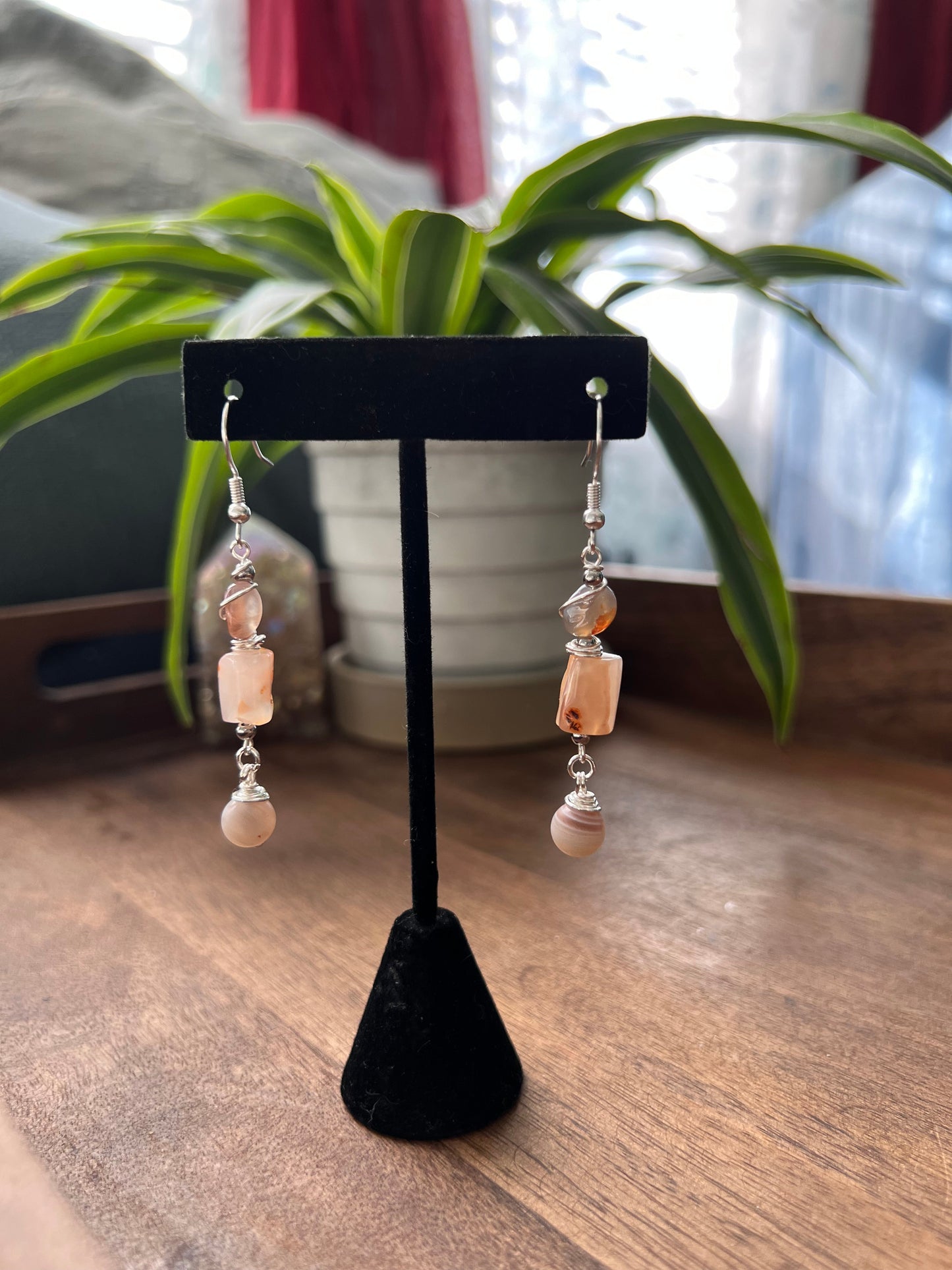 Botswana Agate and Tibetan Quartz Dangle Earrings