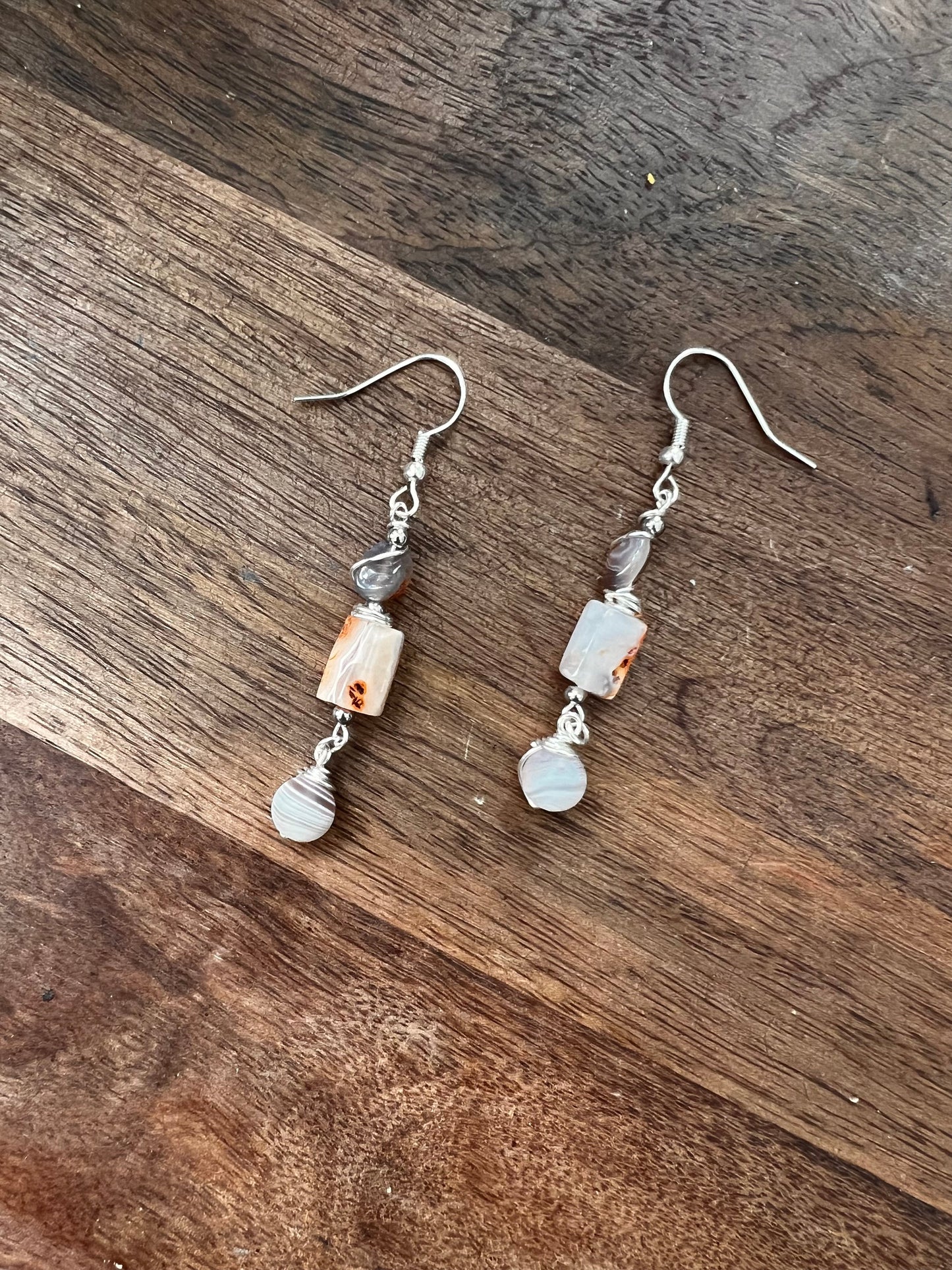 Botswana Agate and Tibetan Quartz Dangle Earrings