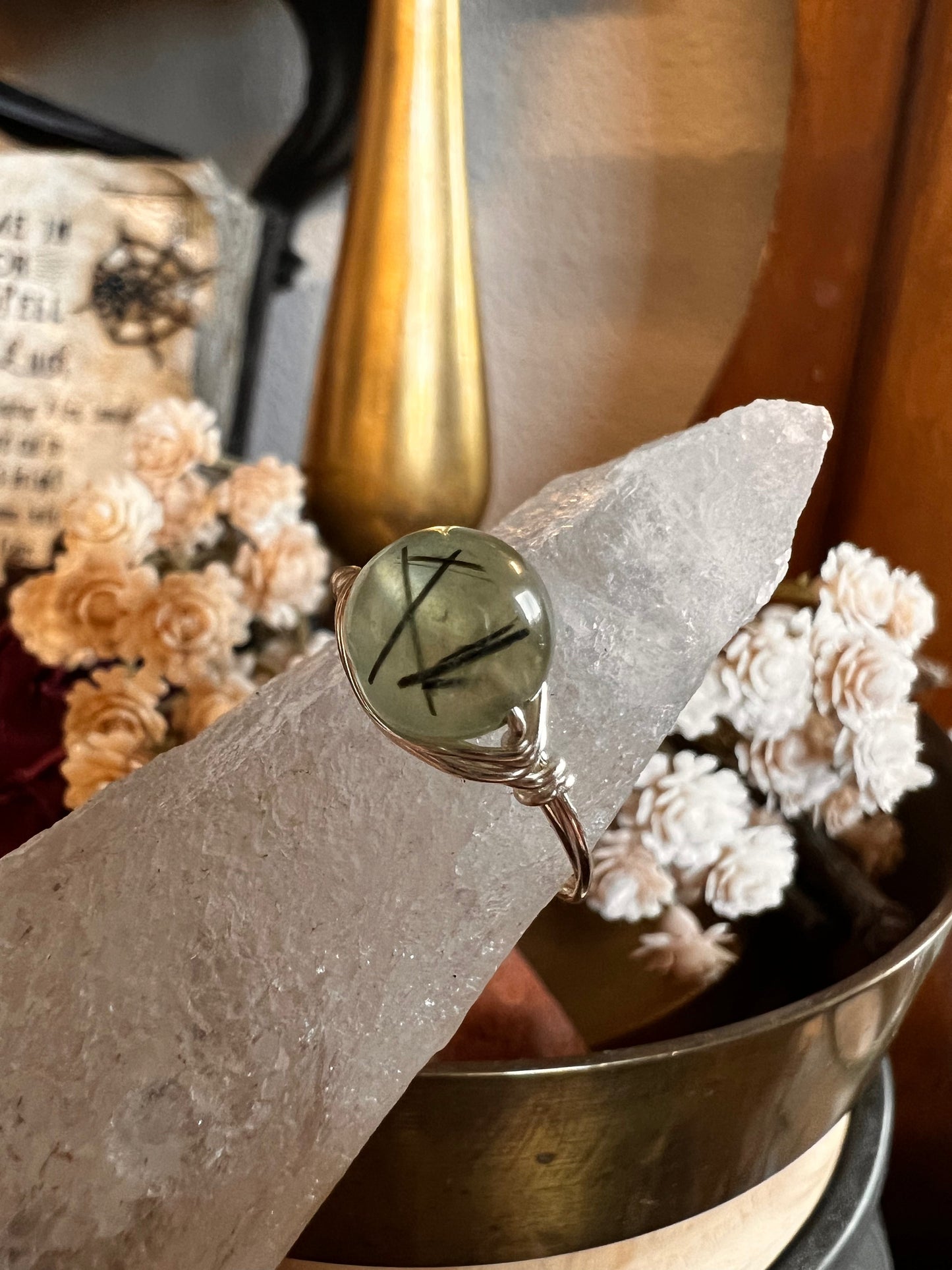 Rutilated Prehnite Wire Wrapped Ring