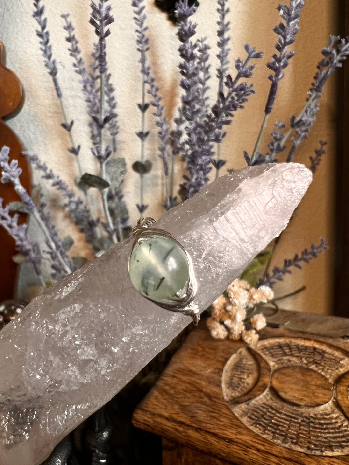Rutilated Prehnite Wire Wrapped Ring