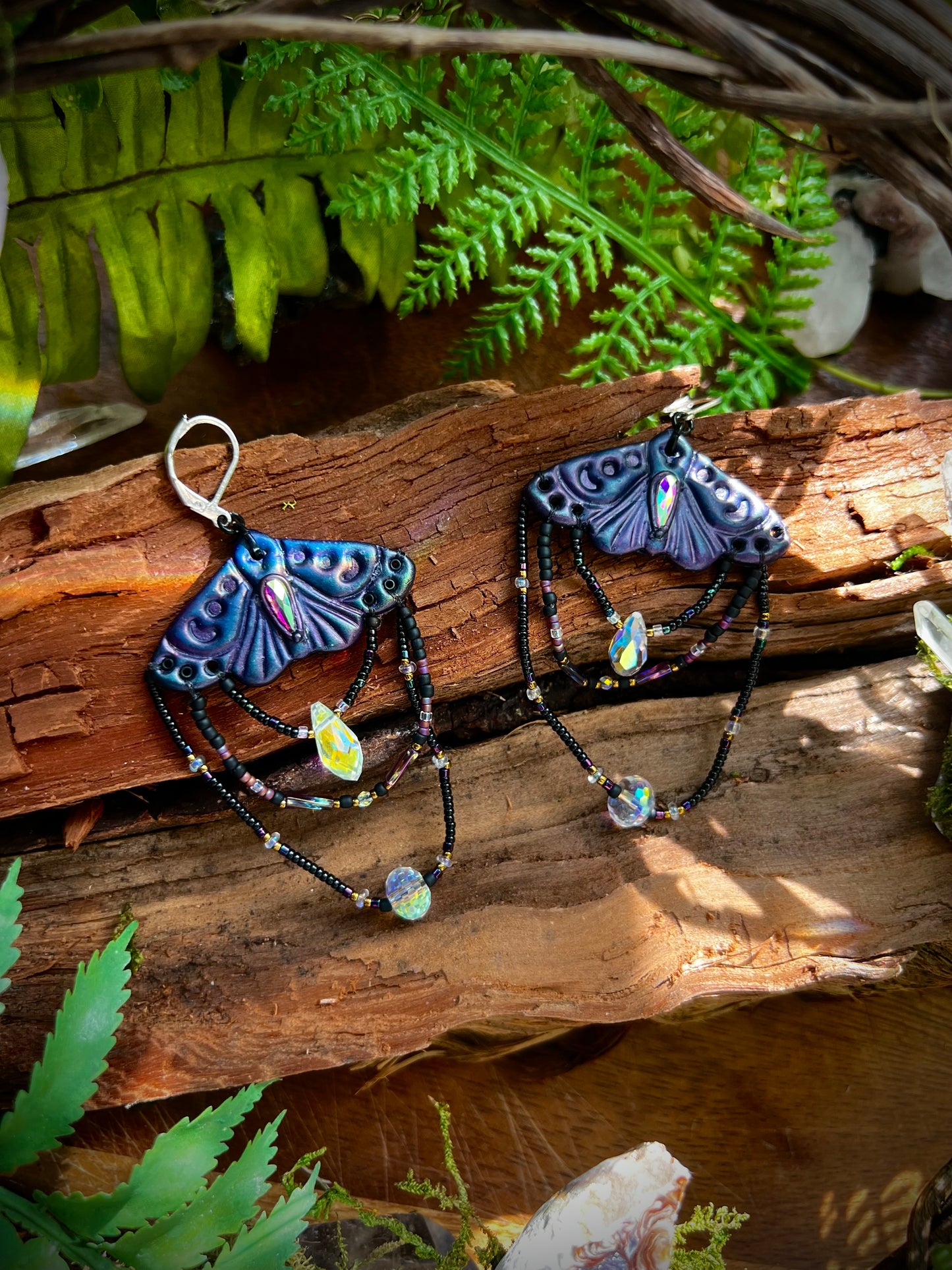 Lightweight polymer clay moth jewelry with faceted iridescent glass accents