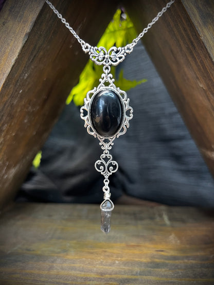 Obsidian and Black Quartz Scrying Mirror Necklace Pendant PN33