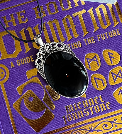 Black Glass Scrying Mirror Necklace Pendant PN14