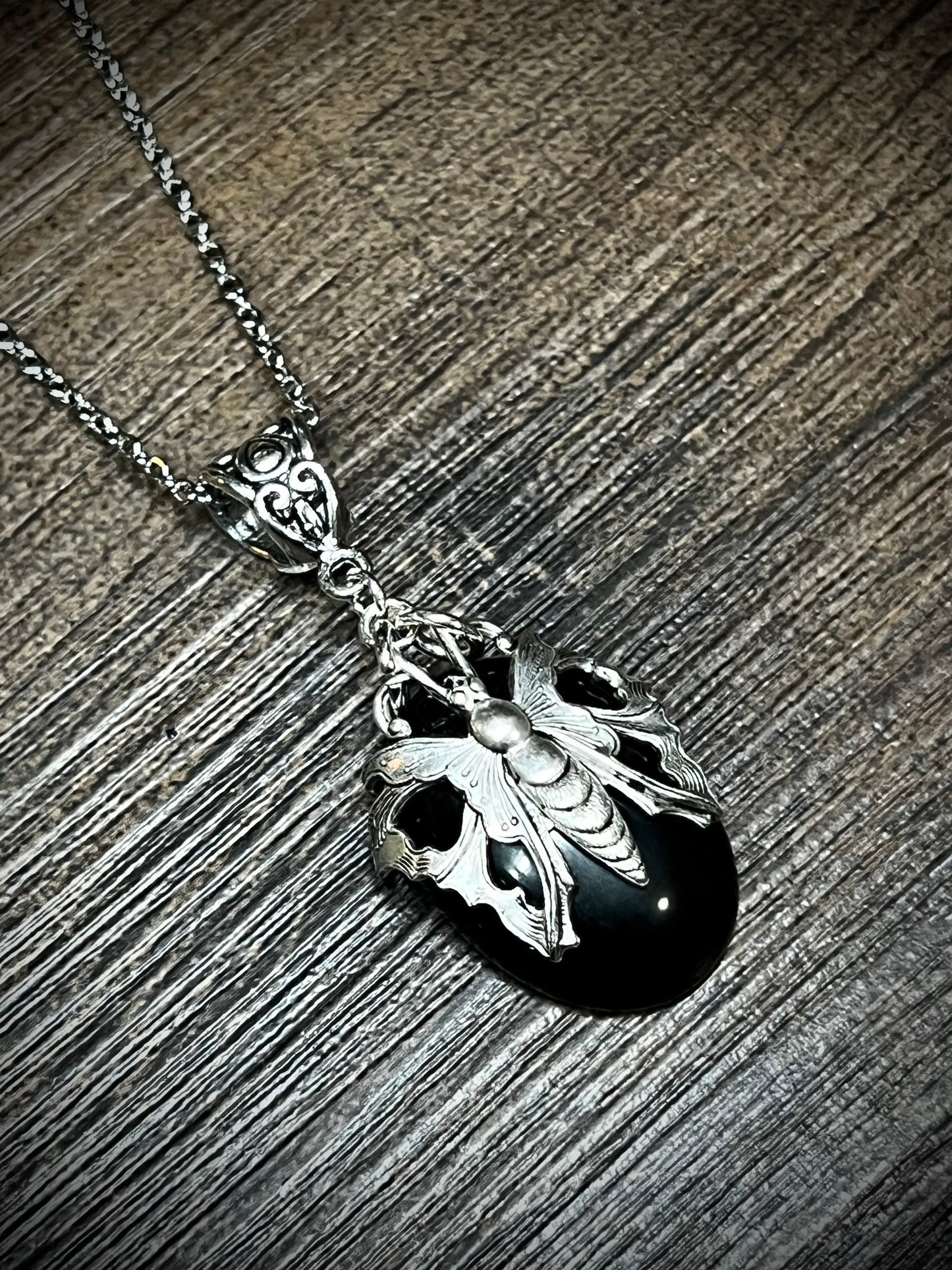 Obsidian You’re Protected Moth Vintage Wrapped Pendant Necklace PN19