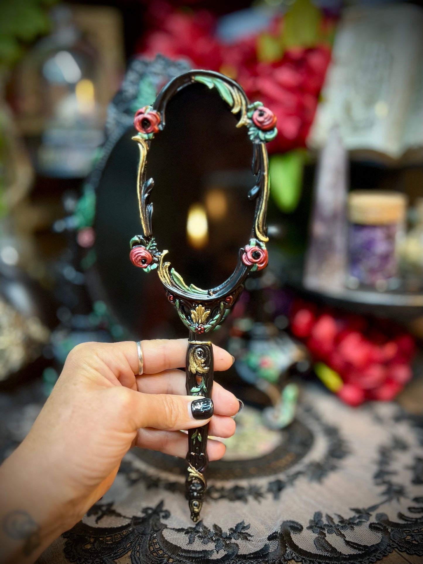 Belle Gothic Handheld Black Scrying Mirror with Roses for Dark Romance Ritual Work