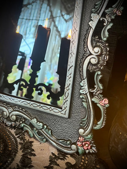 Scarlet Black Glass Scrying Mirror with Easel | Gothic Vintage Cast Metal Frame with Scrolling Details