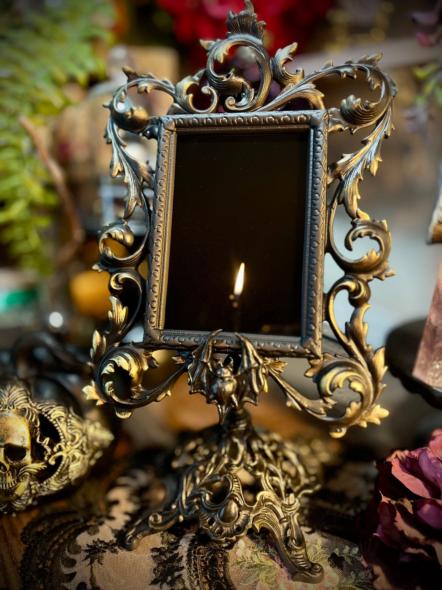 The Countess Scrying Mirror for Divination and Vampire Elegance Gothic Bat Pedestal Black Mirror Décor