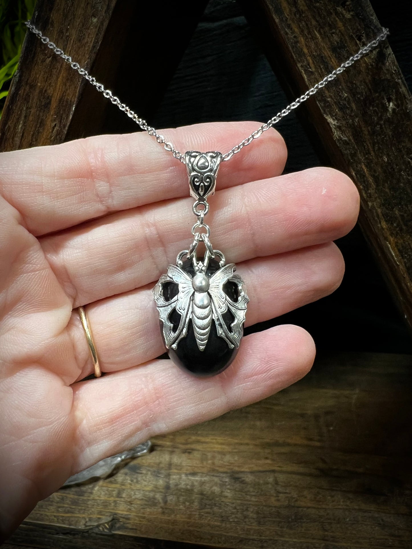 Obsidian You’re Protected Moth Vintage Wrapped Pendant Necklace PN19