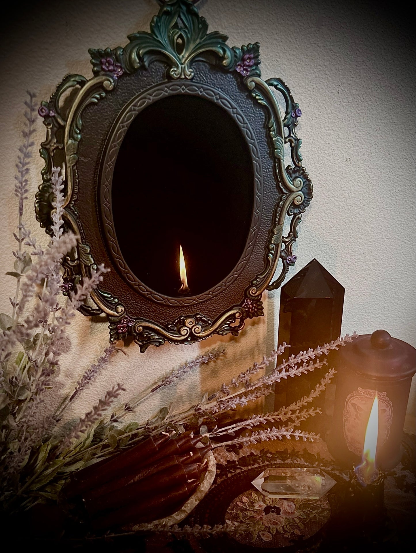 Forest Queen Hanging Black Glass Scrying Mirror | Gothic Wall Hanging with Ornate Scrollwork and Easel