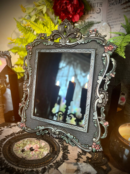 Scarlet Black Glass Scrying Mirror with Easel | Gothic Vintage Cast Metal Frame with Scrolling Details