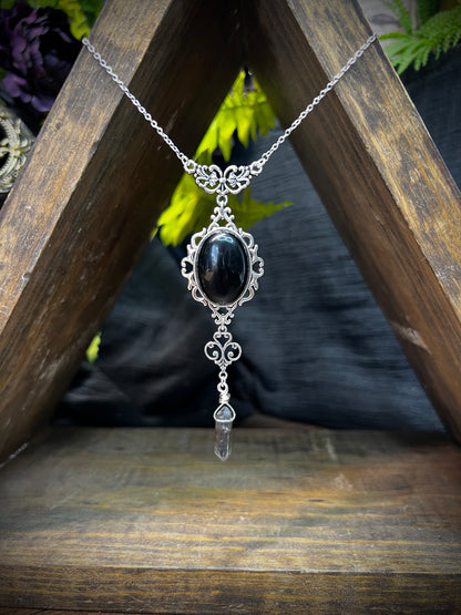 Obsidian and Black Quartz Scrying Mirror Necklace Pendant PN33