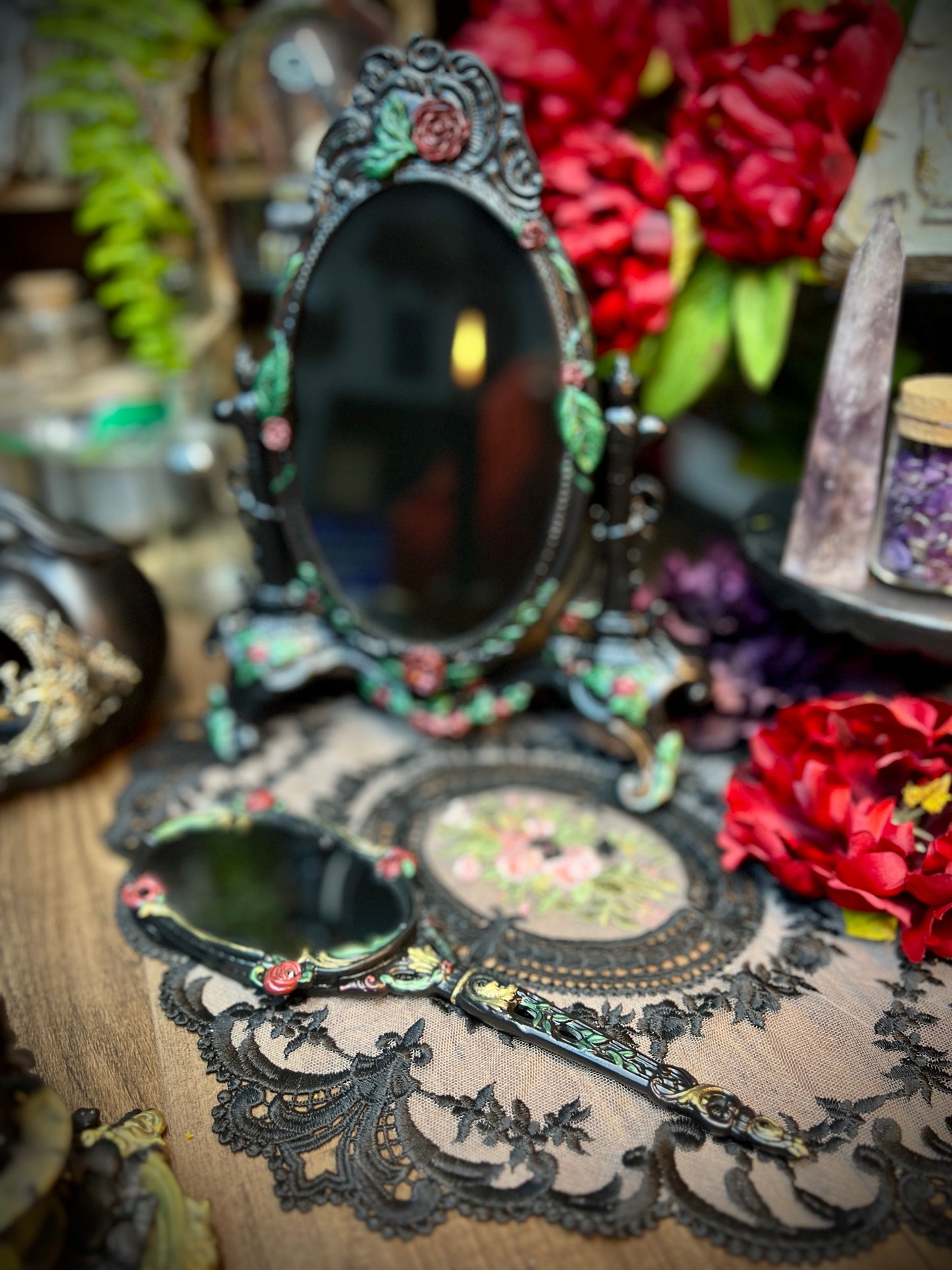 Belle Gothic Handheld Black Scrying Mirror with Roses for Dark Romance Ritual Work