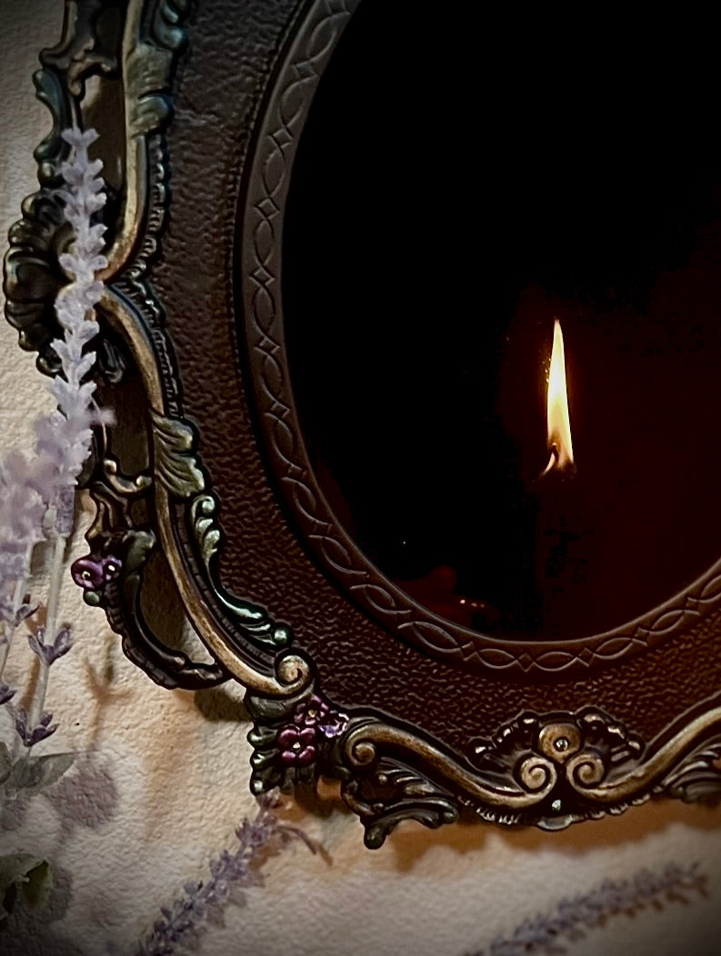 Forest Queen Hanging Black Glass Scrying Mirror | Gothic Wall Hanging with Ornate Scrollwork and Easel