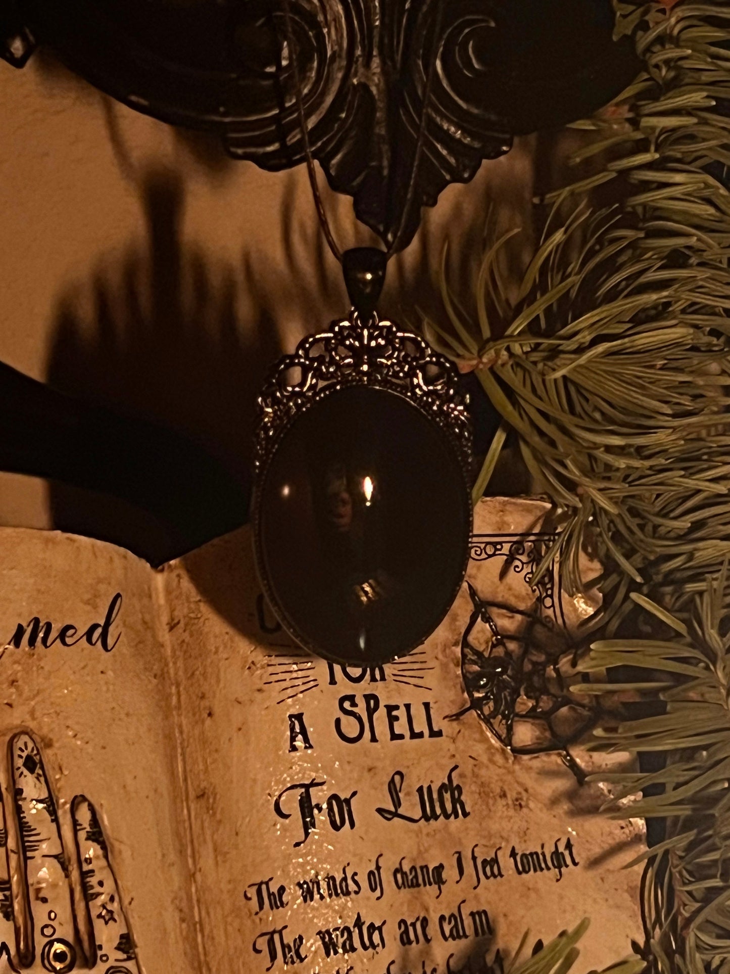 Black Glass Scrying Mirror Pendant Witches Magick Gothic Victorian Mirror Necklace PN6