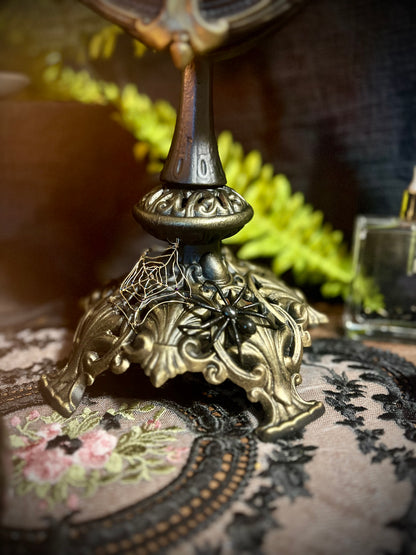 Charlotte Scrying Mirror – Gothic Floral Black Mirror with Handmade Spiders and Beaded Web for Shadow Work and Divination