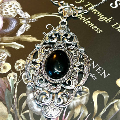 Obsidian Scrying Mirror Pendant Witches Magick Gothic Victorian Mirror Necklace PN27