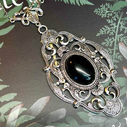 Obsidian Scrying Mirror Pendant Witches Magick Gothic Victorian Mirror Necklace PN27