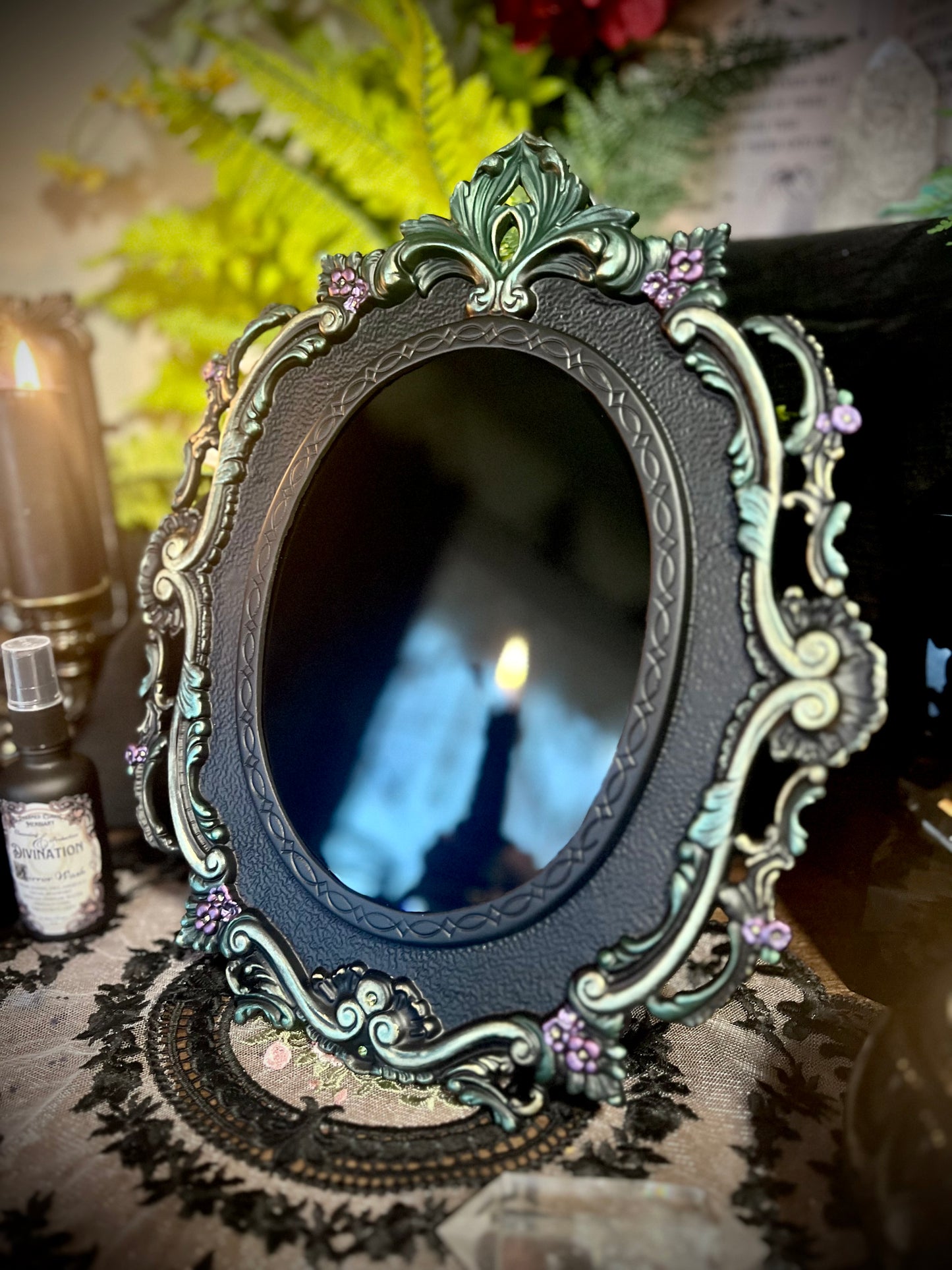 Forest Queen Hanging Black Glass Scrying Mirror | Gothic Wall Hanging with Ornate Scrollwork and Easel
