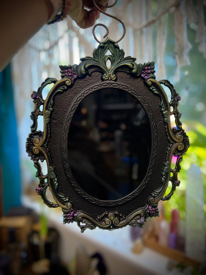 Forest Queen Black Glass Scrying Mirror – Ornate Wall Hanging Frame