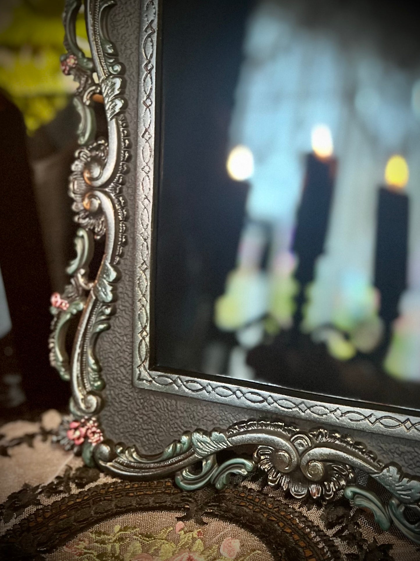 Scarlet Black Glass Scrying Mirror with Easel | Gothic Vintage Cast Metal Frame with Scrolling Details