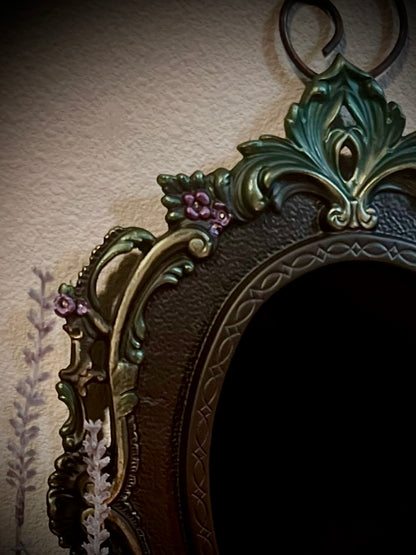 Forest Queen Hanging Black Glass Scrying Mirror | Gothic Wall Hanging with Ornate Scrollwork and Easel