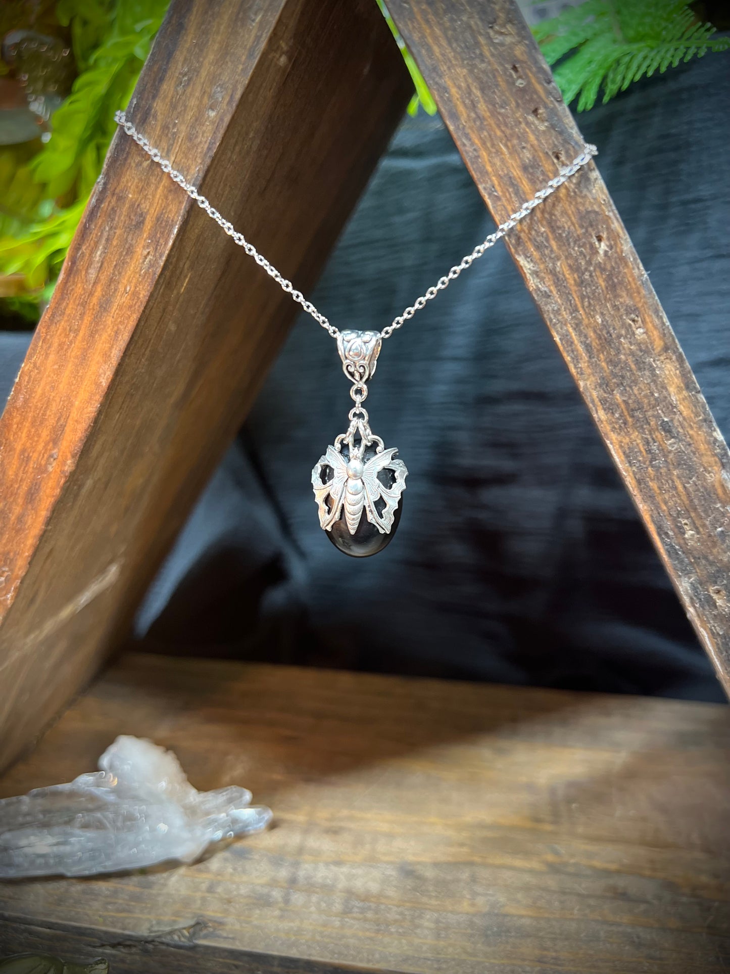 Obsidian You’re Protected Moth Vintage Wrapped Pendant Necklace PN19