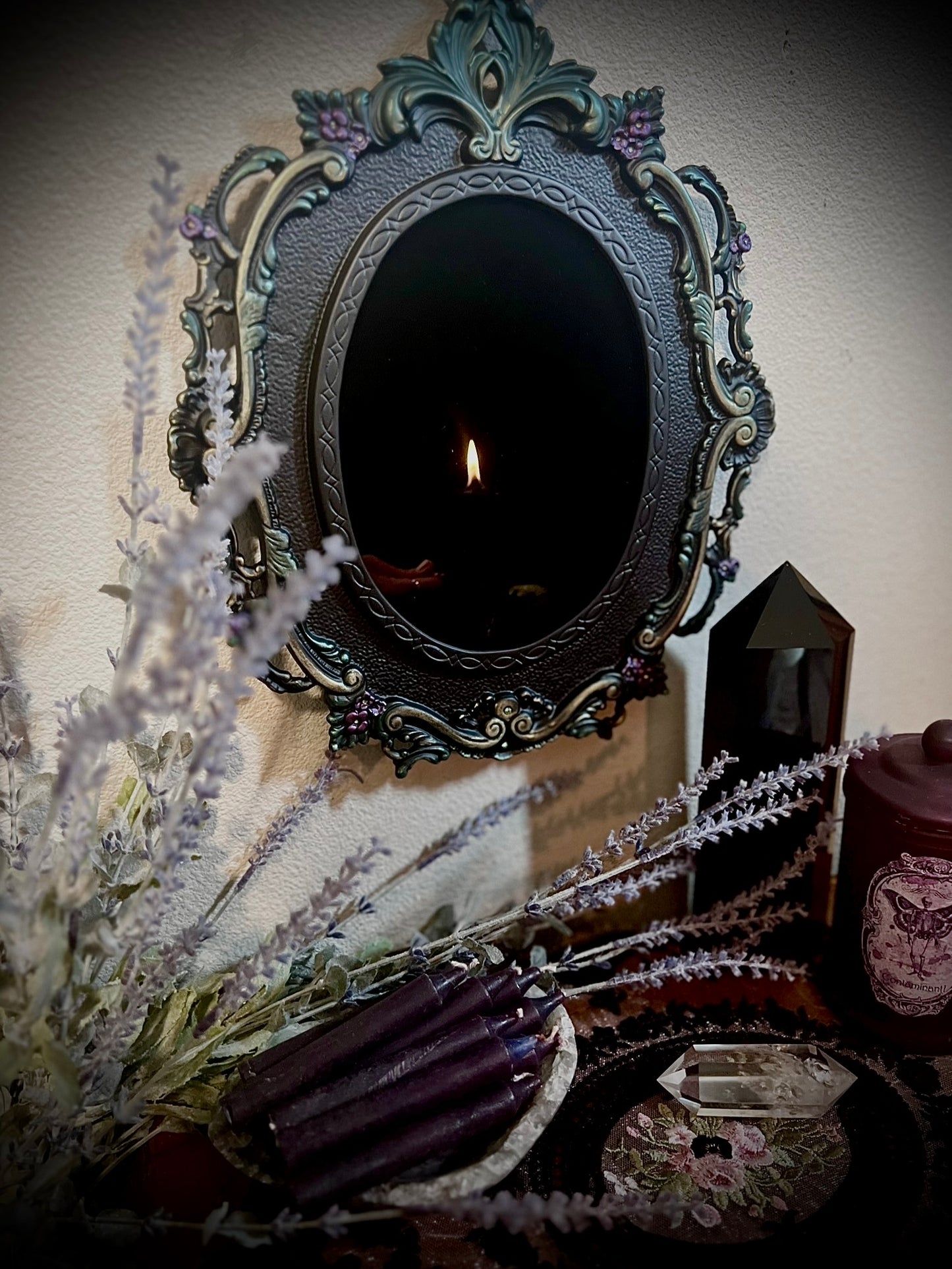 Forest Queen Hanging Black Glass Scrying Mirror | Gothic Wall Hanging with Ornate Scrollwork and Easel